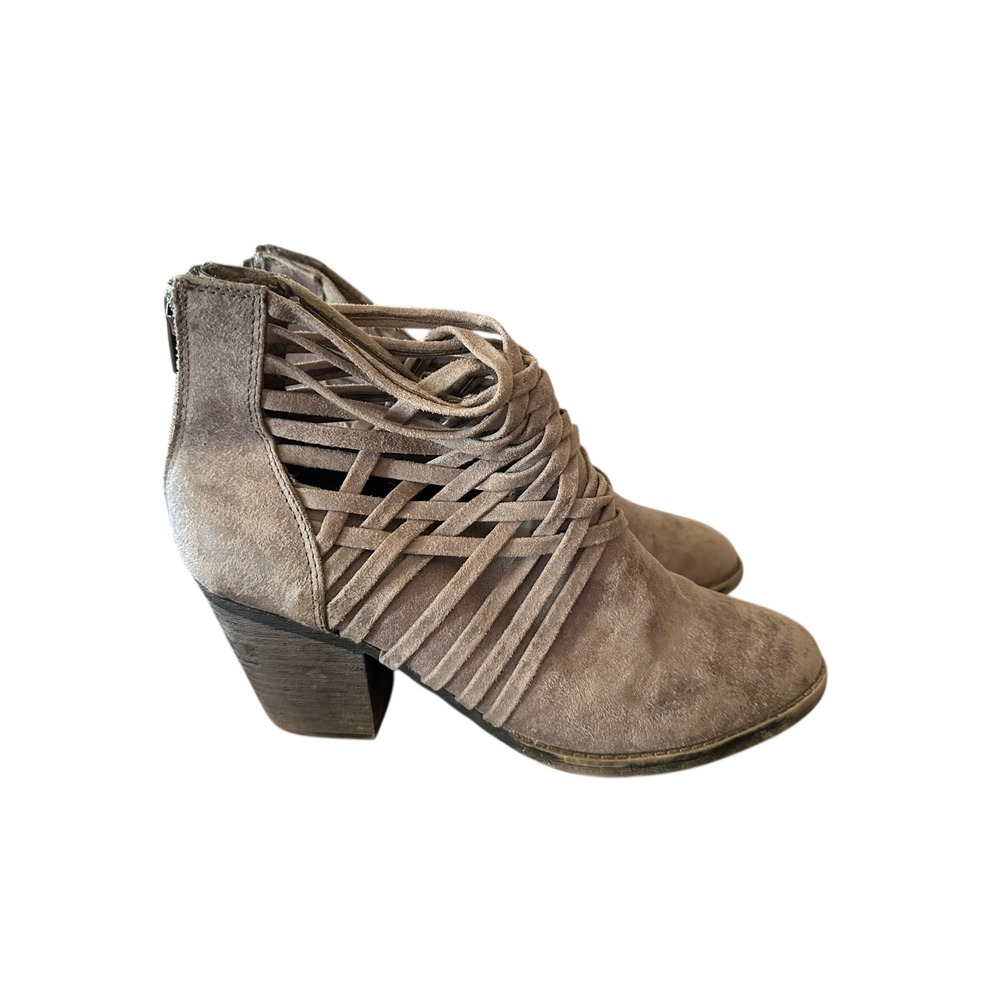 Womens Taupe Suede Strappy Block Heel Ankle Boots Side Zip Cutout Size 8